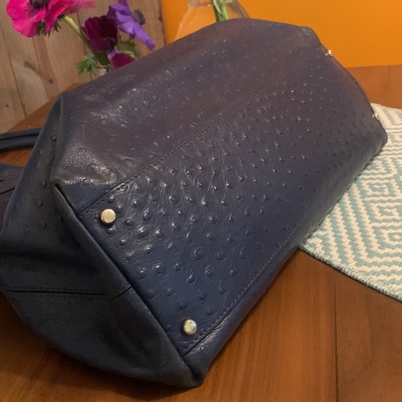 Kate Spade Bow Handbag + Large Ziparound Wallet Clutch Set Navy Ostrich - Picture 6 of 9